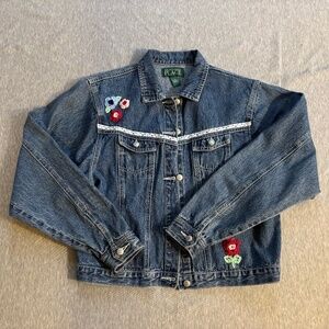 The Children's Place Girls Blue Denim Jean Jacket w/ Floral Embroidery (Size 16)